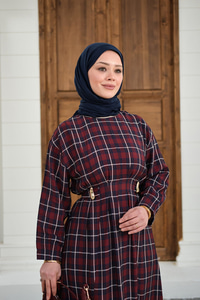 Ekose Desen Bronş Detay Arkadan Bağlamalı Elbise Bordo