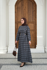 Ekose Desen Bronş Detay Arkadan Bağlamalı Elbise Lacivert