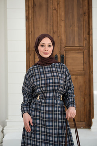 Ekose Desen Bronş Detay Arkadan Bağlamalı Elbise Lacivert