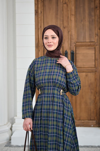 Ekose Desen Bronş Detay Arkadan Bağlamalı Elbise Yeşil