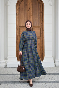 Ekose Desen Bronş Detay Arkadan Bağlamalı Elbise Yeşil