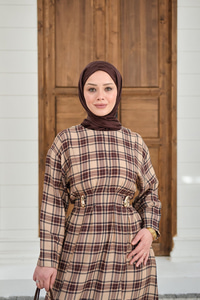 Ekose Desen Bronş Detay Arkadan Bağlamalı Elbise Vizon