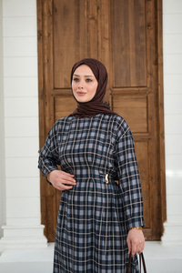 Ekose Desen Bronş Detay Arkadan Bağlamalı Elbise Lacivert