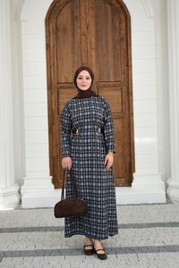 Ekose Desen Bronş Detay Arkadan Bağlamalı Elbise Lacivert