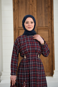 Ekose Desen Bronş Detay Arkadan Bağlamalı Elbise Bordo