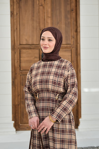 Ekose Desen Bronş Detay Arkadan Bağlamalı Elbise Vizon