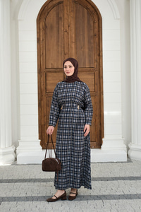 Ekose Desen Bronş Detay Arkadan Bağlamalı Elbise Lacivert