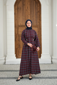 Ekose Desen Bronş Detay Arkadan Bağlamalı Elbise Bordo