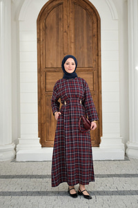 Ekose Desen Bronş Detay Arkadan Bağlamalı Elbise Bordo