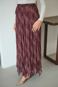 Ekose Desen Dikiş İzli Yandan Bağcık Detaylı Şifon Etek Mürdüm