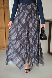 Ekose Desen Dikiş İzli Yandan Bağcık Detaylı Şifon Etek Antrasit