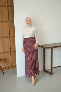 Ekose Desen Dikiş İzli Yandan Bağcık Detaylı Şifon Etek Mürdüm