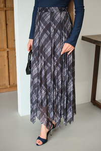 Ekose Desen Dikiş İzli Yandan Bağcık Detaylı Şifon Etek Antrasit