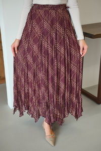 Ekose Desen Dikiş İzli Yandan Bağcık Detaylı Şifon Etek Mürdüm