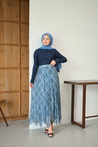 Ekose Desen Dikiş İzli Yandan Bağcık Detaylı Şifon Etek Açık Mavi