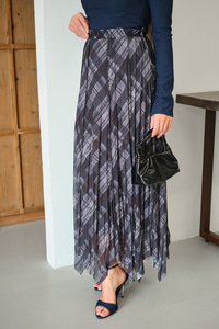 Ekose Desen Dikiş İzli Yandan Bağcık Detaylı Şifon Etek Antrasit