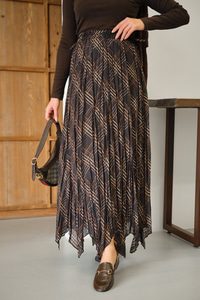 Ekose Desen Dikiş İzli Yandan Bağcık Detaylı Şifon Etek Siyah