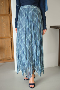 Ekose Desen Dikiş İzli Yandan Bağcık Detaylı Şifon Etek Açık Mavi