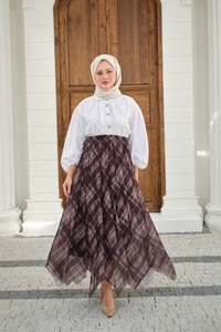 Ekose Desen Dikiş İzli Yandan Bağcık Detaylı Şifon Etek Vizon