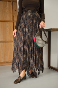 Ekose Desen Dikiş İzli Yandan Bağcık Detaylı Şifon Etek Kahverengi