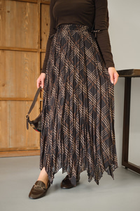 Ekose Desen Dikiş İzli Yandan Bağcık Detaylı Şifon Etek Kahverengi