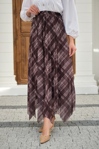 Ekose Desen Dikiş İzli Yandan Bağcık Detaylı Şifon Etek Vizon