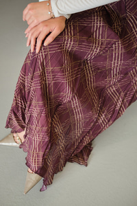 Ekose Desen Dikiş İzli Yandan Bağcık Detaylı Şifon Etek Mürdüm