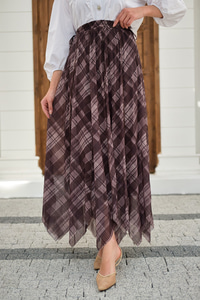 Ekose Desen Dikiş İzli Yandan Bağcık Detaylı Şifon Etek Vizon