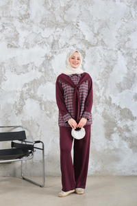 Ekose Desen İkili Takım Bordo