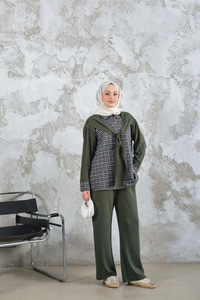 Ekose Desen İkili Takım Haki Yeşil