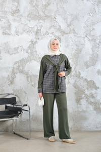 Ekose Desen İkili Takım Haki Yeşil