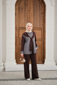 Ekose Desen İkili Takım Kahverengi