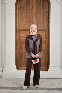 Ekose Desen İkili Takım Kahverengi