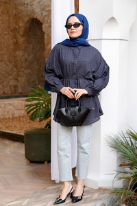 Ekose Desenli Bel Bağlamalı Gömlek Antrasit