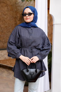 Ekose Desenli Bel Bağlamalı Gömlek Antrasit