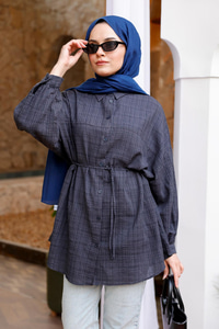 Ekose Desenli Bel Bağlamalı Gömlek Antrasit