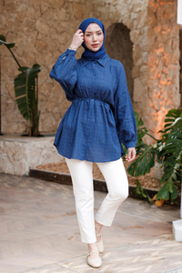 Ekose Desenli Bel Bağlamalı Gömlek Lacivert