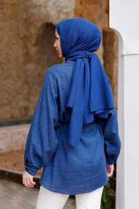 Ekose Desenli Bel Bağlamalı Gömlek Lacivert