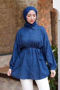 Ekose Desenli Bel Bağlamalı Gömlek Lacivert