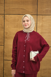 Ekose Düğmeli Takım Bordo