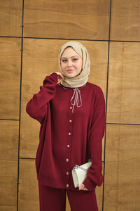 Ekose Düğmeli Takım Bordo