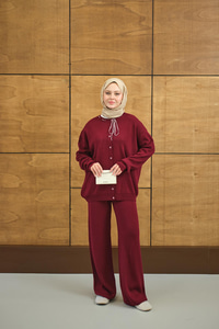 Ekose Düğmeli Takım Bordo