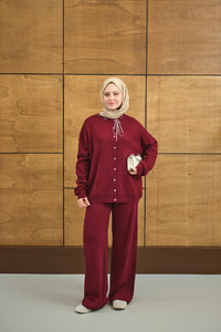 Ekose Düğmeli Takım Bordo