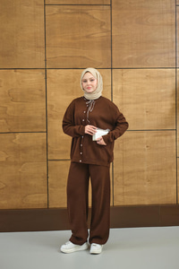 Ekose Düğmeli Takım Kahverengi