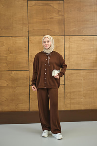 Ekose Düğmeli Takım Kahverengi