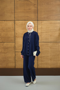 Ekose Düğmeli Takım Lacivert