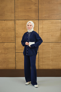 Ekose Düğmeli Takım Lacivert