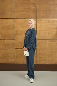 Ekose Düğmeli Takım Petrol Mavi