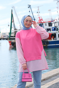 Ekose Garnili Yandan Bağlamalı Tunik  Pembe