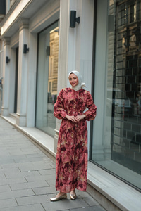 Empirme Desenli Dijital Elbise Kiremit